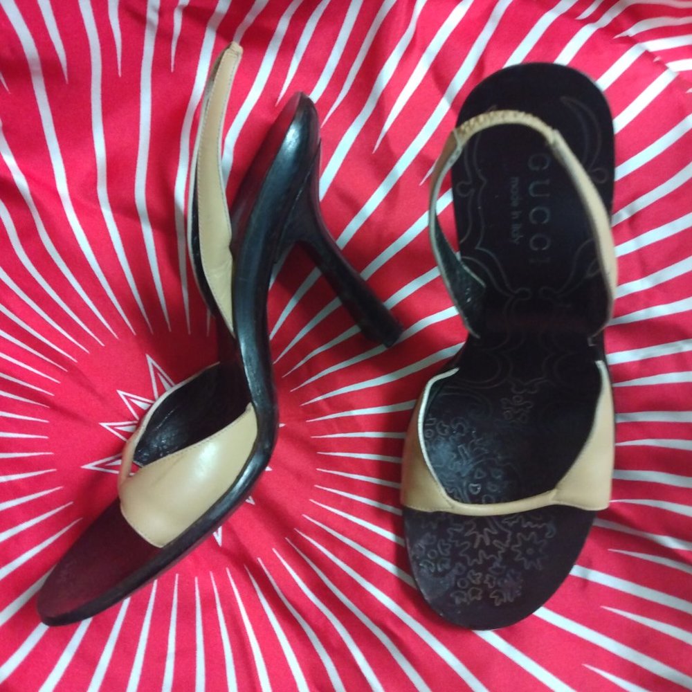 ❤️GUCCI Tan Slingback Leather Chunky Heel Shoes 7 B